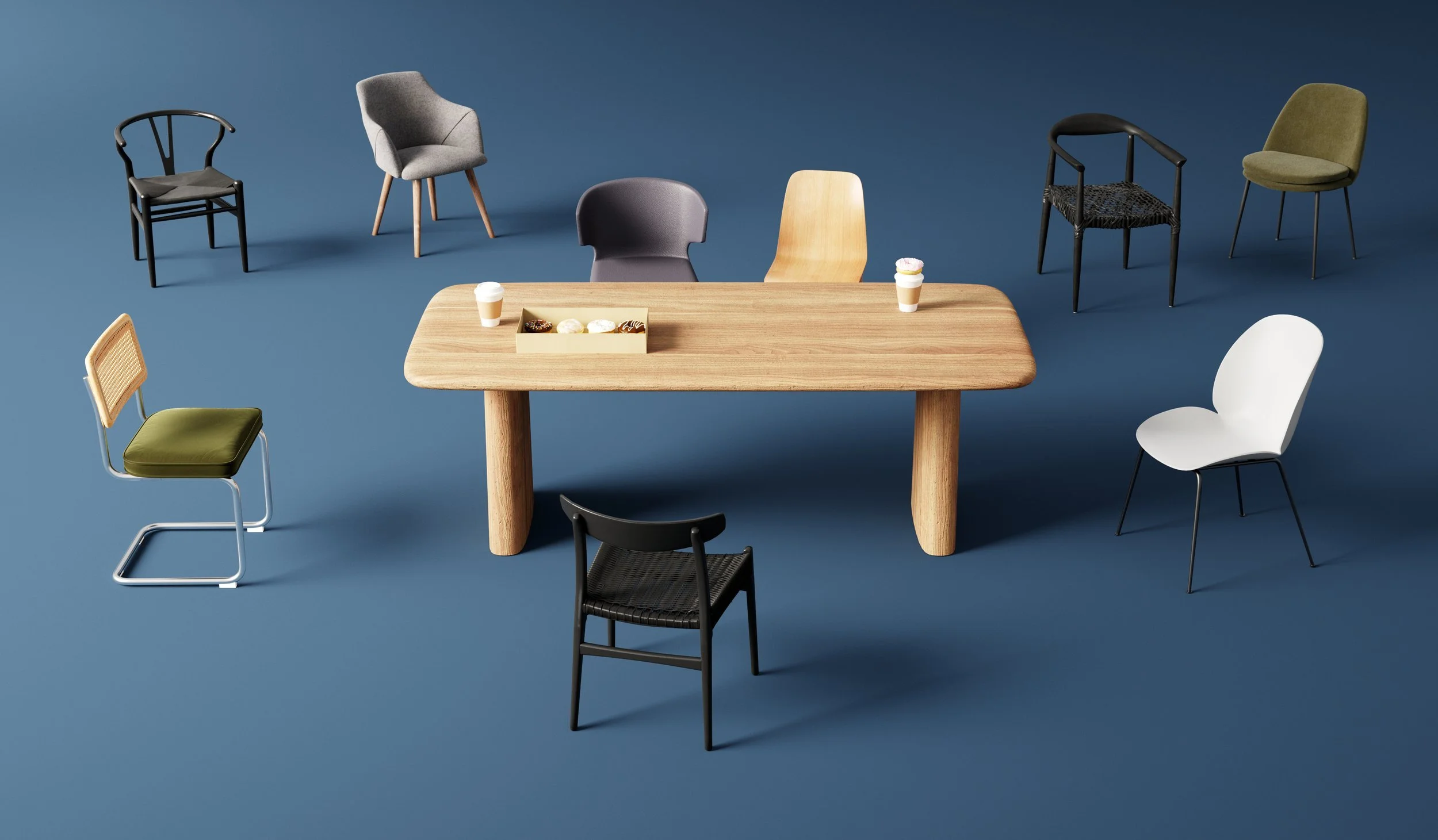 A collection of nine different chairs arranged around a wooden table with desserts and drinks, set against a solid blue background.