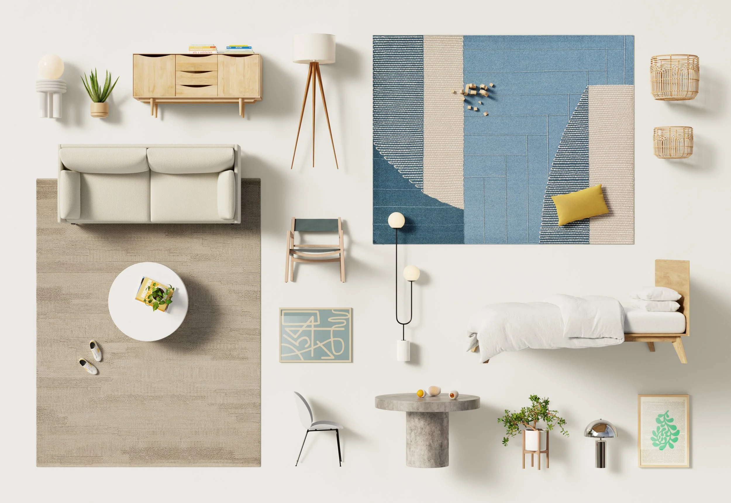 A top-down view of a modern, minimalistic living space with a bed, sofa, coffee table, rug, accent chair, lamp, framed artwork, decorative baskets, plants, and small accents in neutral and blue tones.