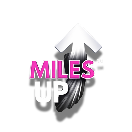 Miles Up logo with an upward arrow and stylized text in pink and white on a black background.