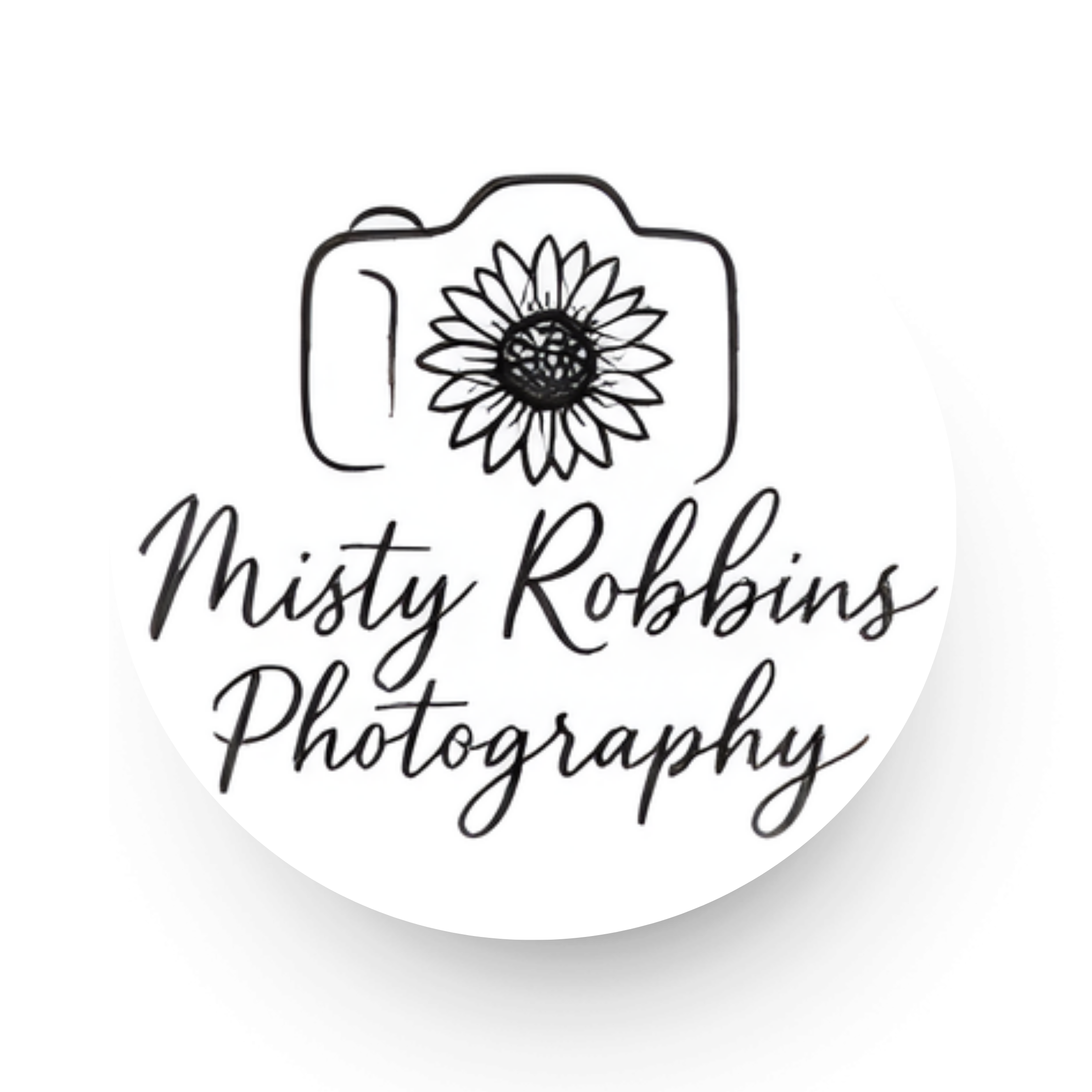 Logo for Misty Robbins Photography featuring a sketched camera with a sunflower in the lens and the business name in cursive text.