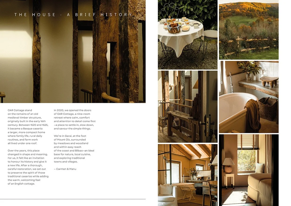 Spread featuring OAR Cottage’s history, with editorial text and a photo gallery