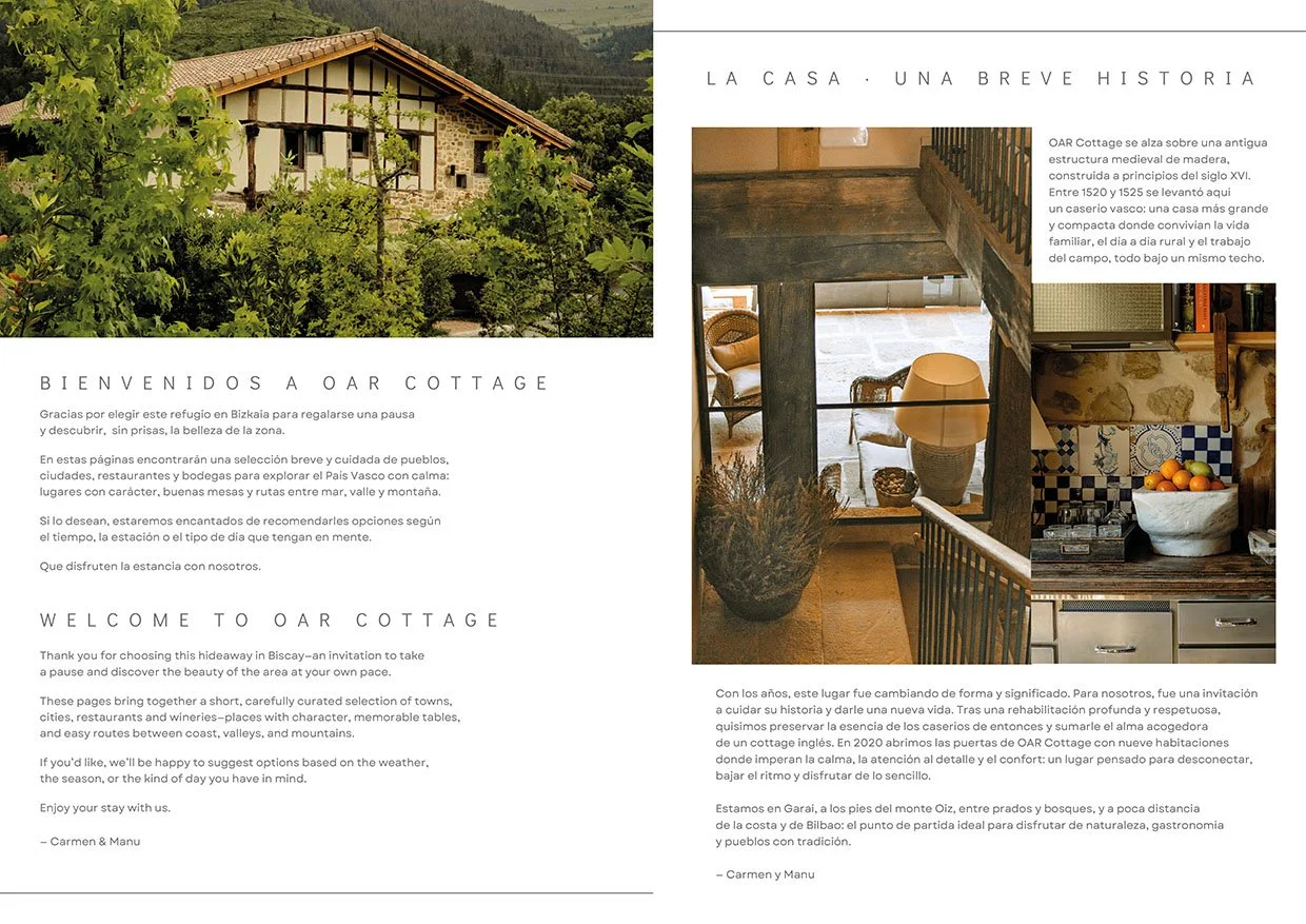 Bilingual welcome spread in the OAR Cottage guest guide (English and Spanish)