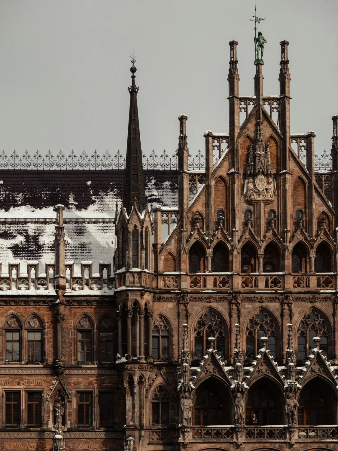Snow-dusted rooftops in the New Town Hall in Marienplatz, Munich, Germany