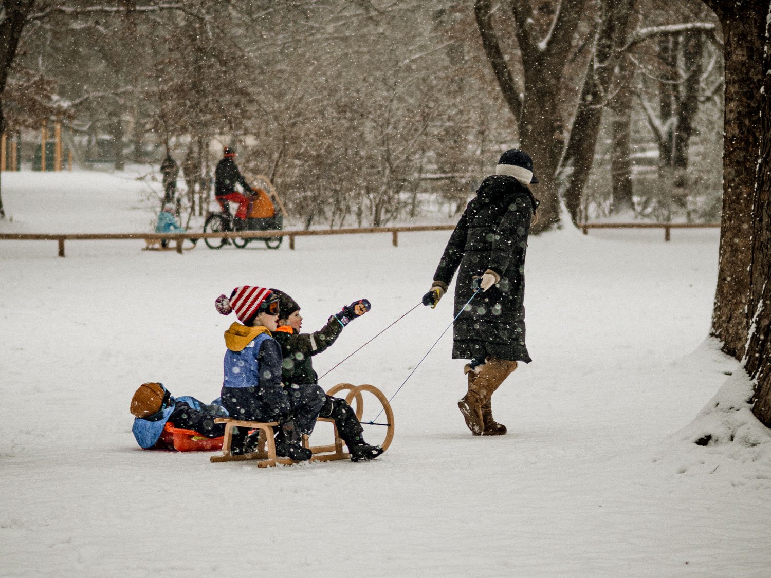 Snow-covered park in Munich, Germany, with families arriving with sleds for children to play