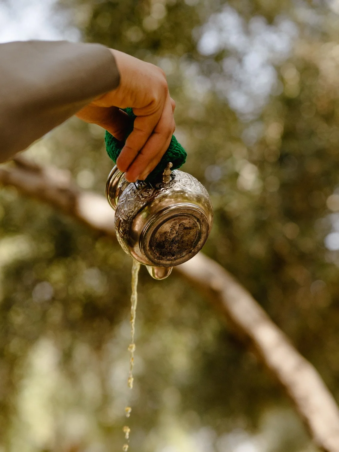 Mint tea service at Berber Lodge near Marrakech, hand pouring traditional Moroccan tea after lunch