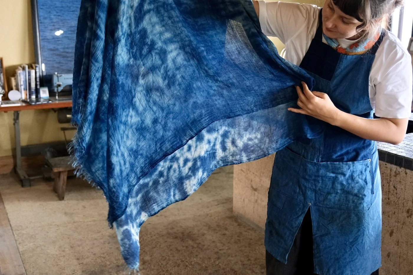 Japan — Inner Japan × Sensory Travel: Kristina Minami with her indigo-dyed foulard, Awaji Island