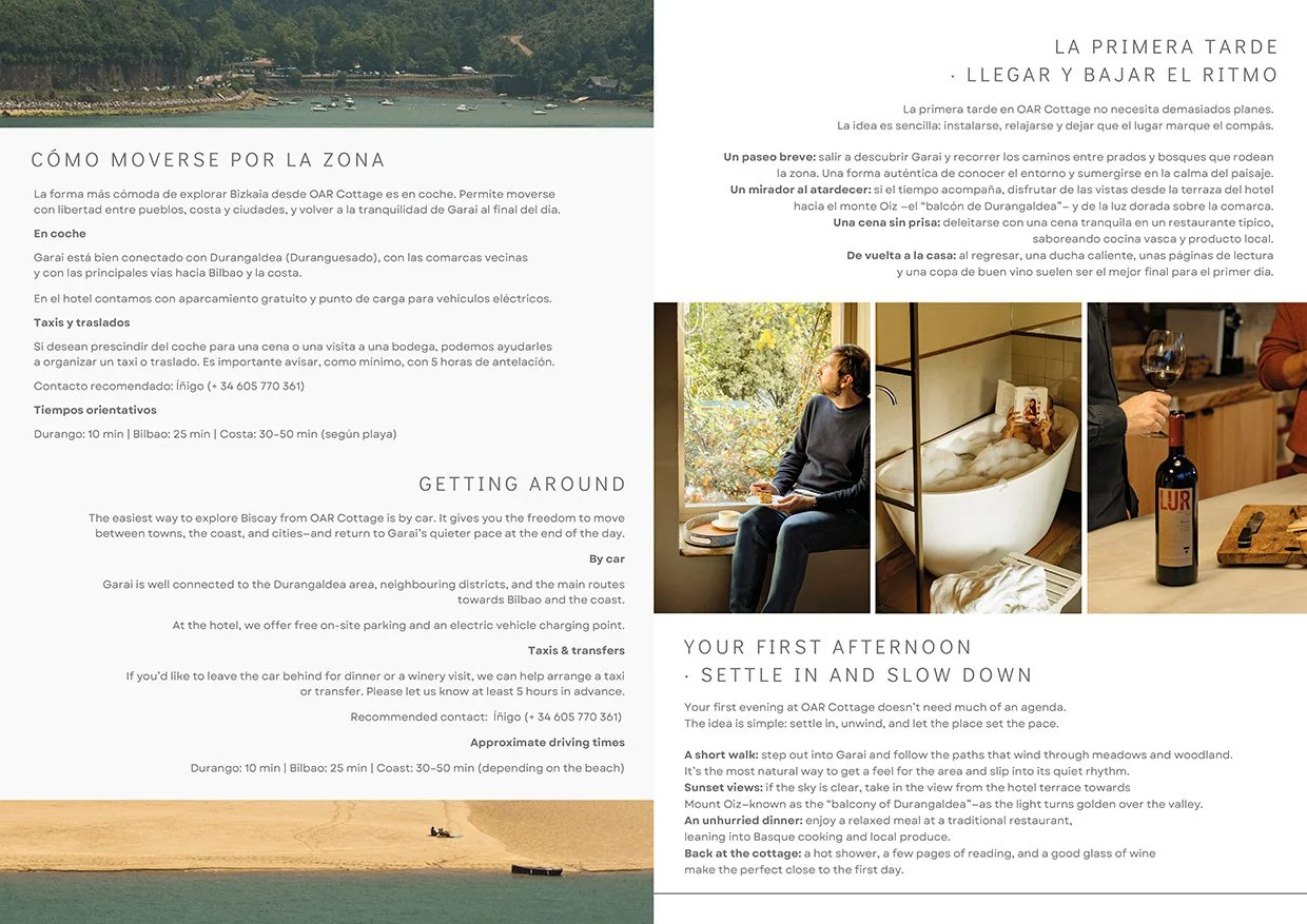 Spread with guest information on getting around and settling in at OAR Cottage