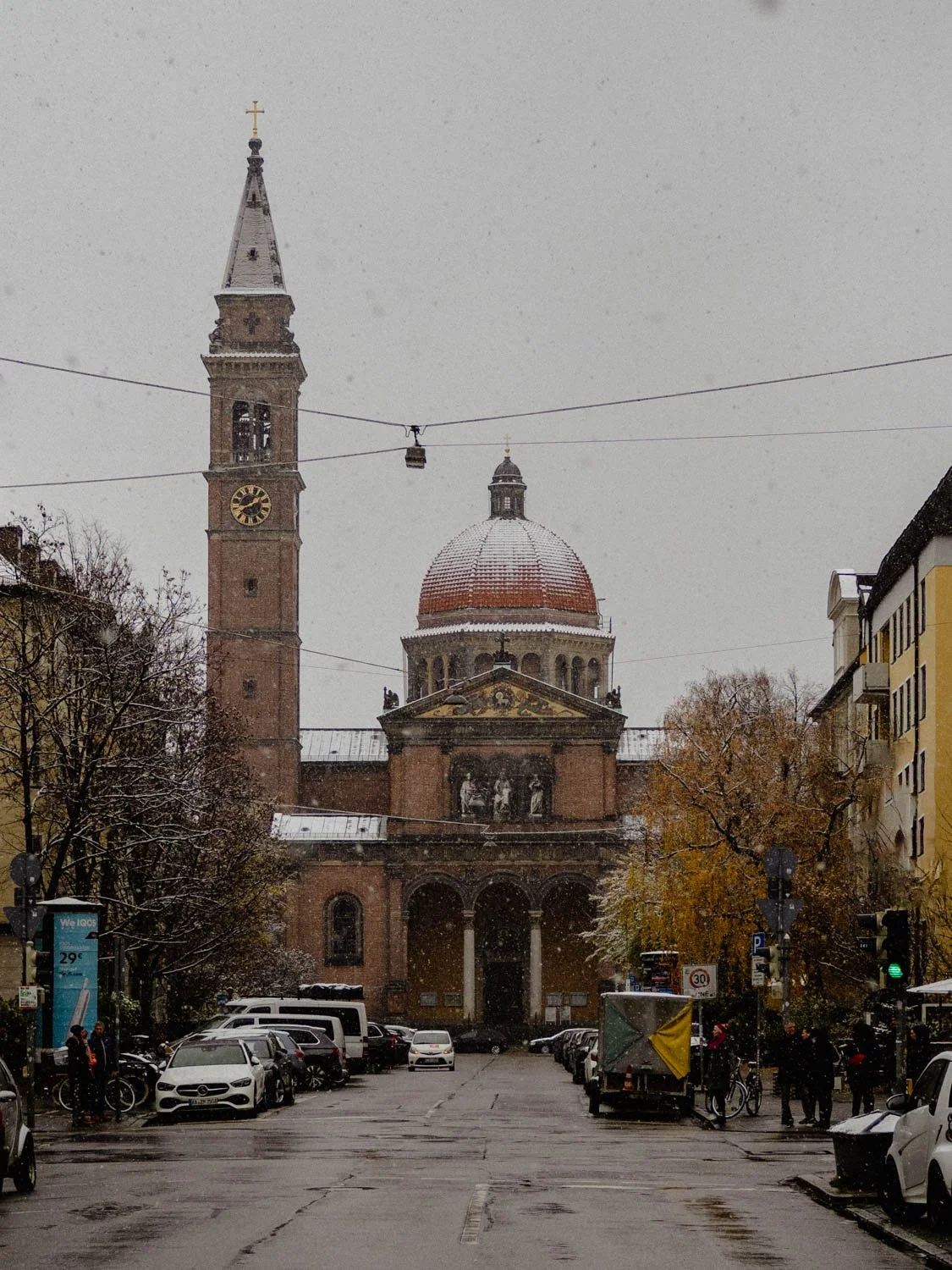 Church in Schwabing district in Munich on a snowy winter day