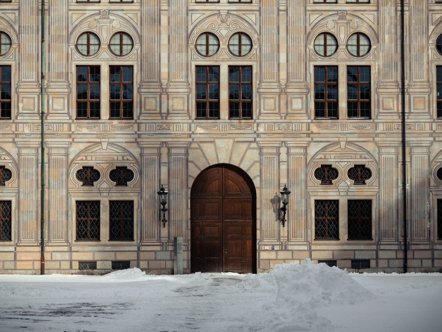 Exterior of the Munich Residenz Palace on a snowy winter day, Munich, Germany