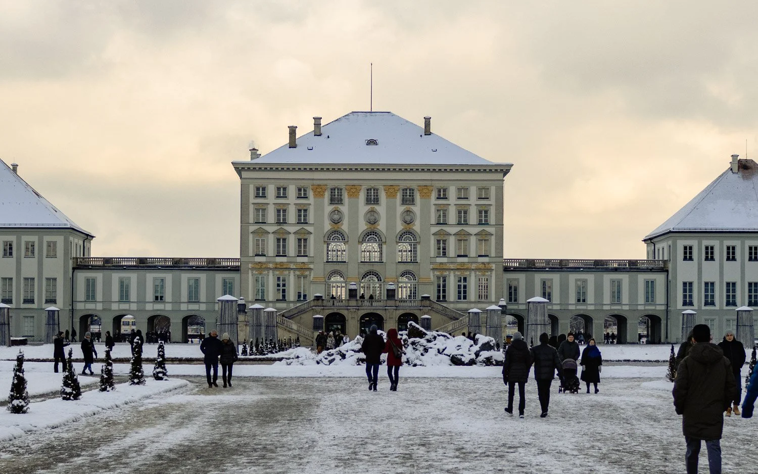 Winter view of Nymphenburg Palace surrounded by snow, Munich, Germany