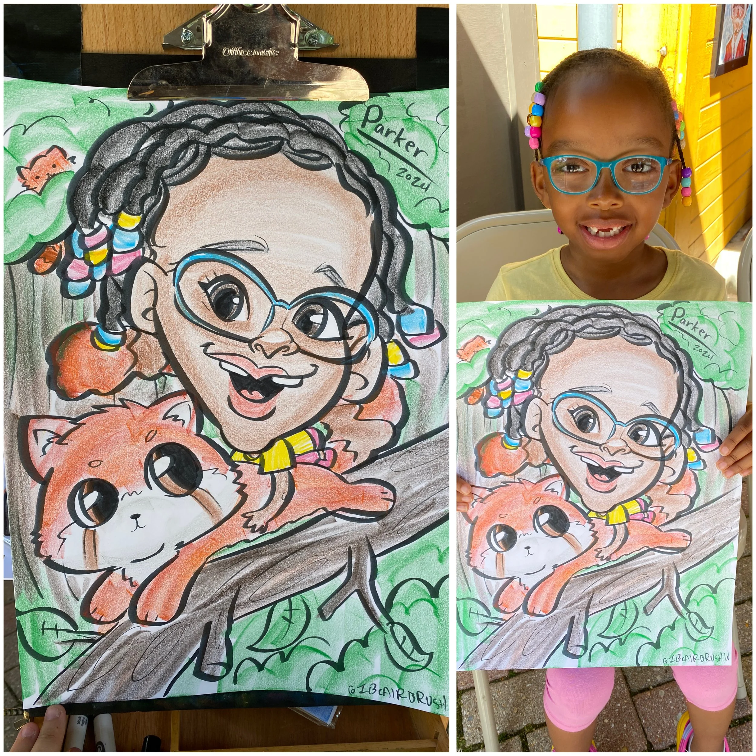 Young girl wearing glasses and a yellow shirt holding a colorful drawing of herself and a bear. The drawing depicts her with glasses, braids with colorful beads, smiling, on a tree branch with a small bear. The girl is smiling in the photo, standing 