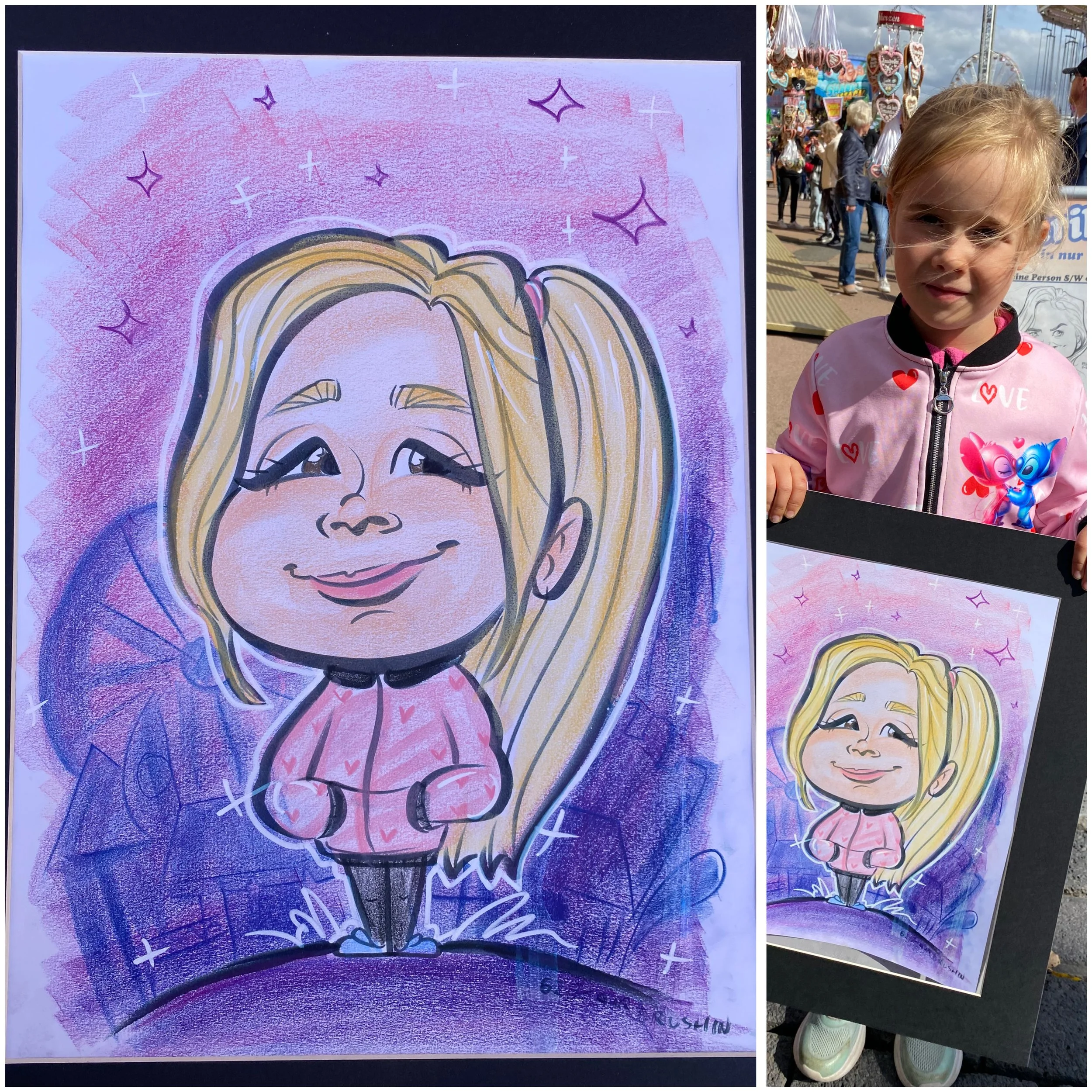 A young girl holding a caricature portrait of herself, featuring her with long blonde hair in pigtails, wearing a pink hoodie with heart patterns, set against a purple background with sparkles.