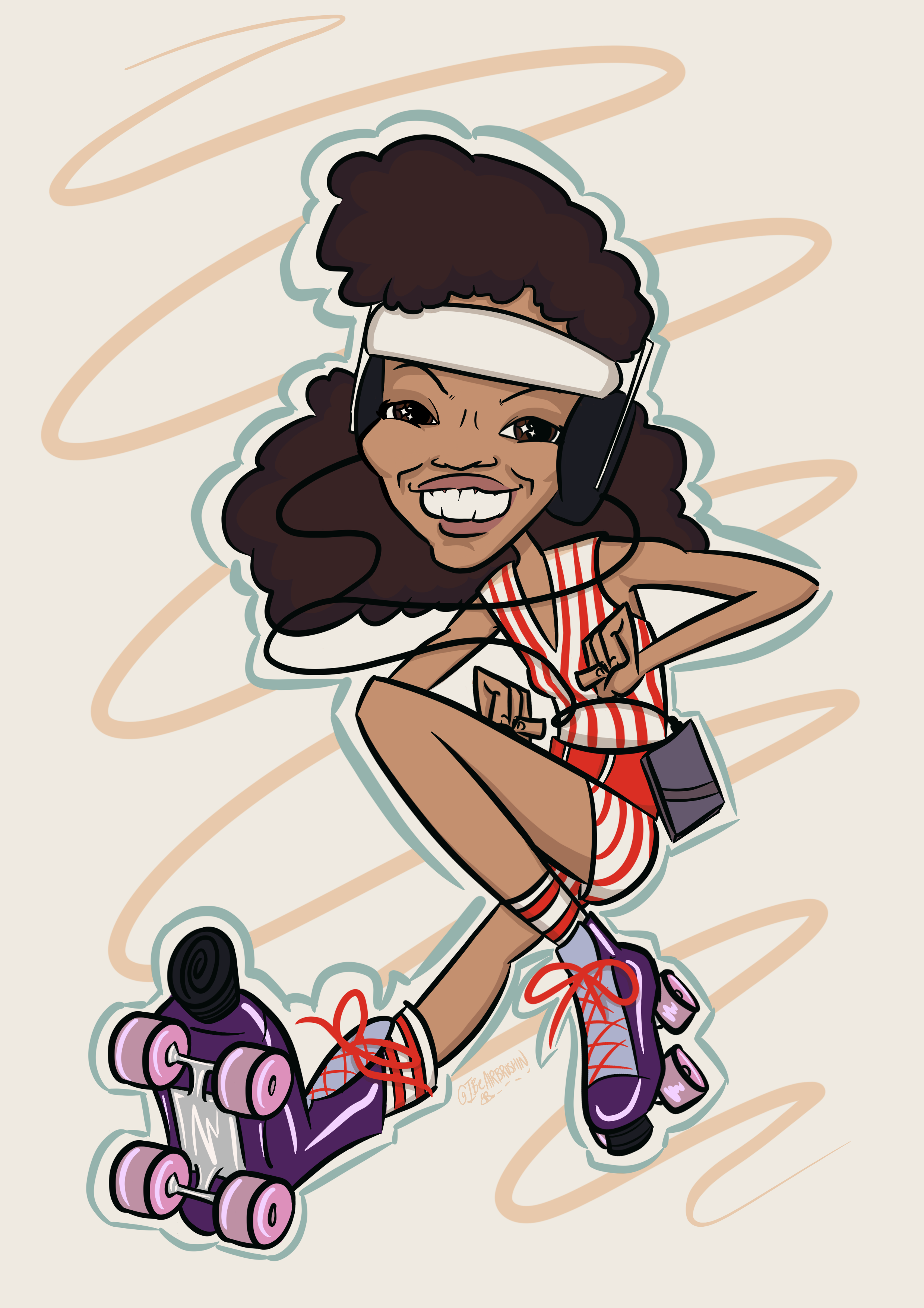 Cartoon of a woman with big hair wearing a white headband, headphones, a red and white striped outfit, purple roller skates with pink wheels, and striped socks, happily skating.