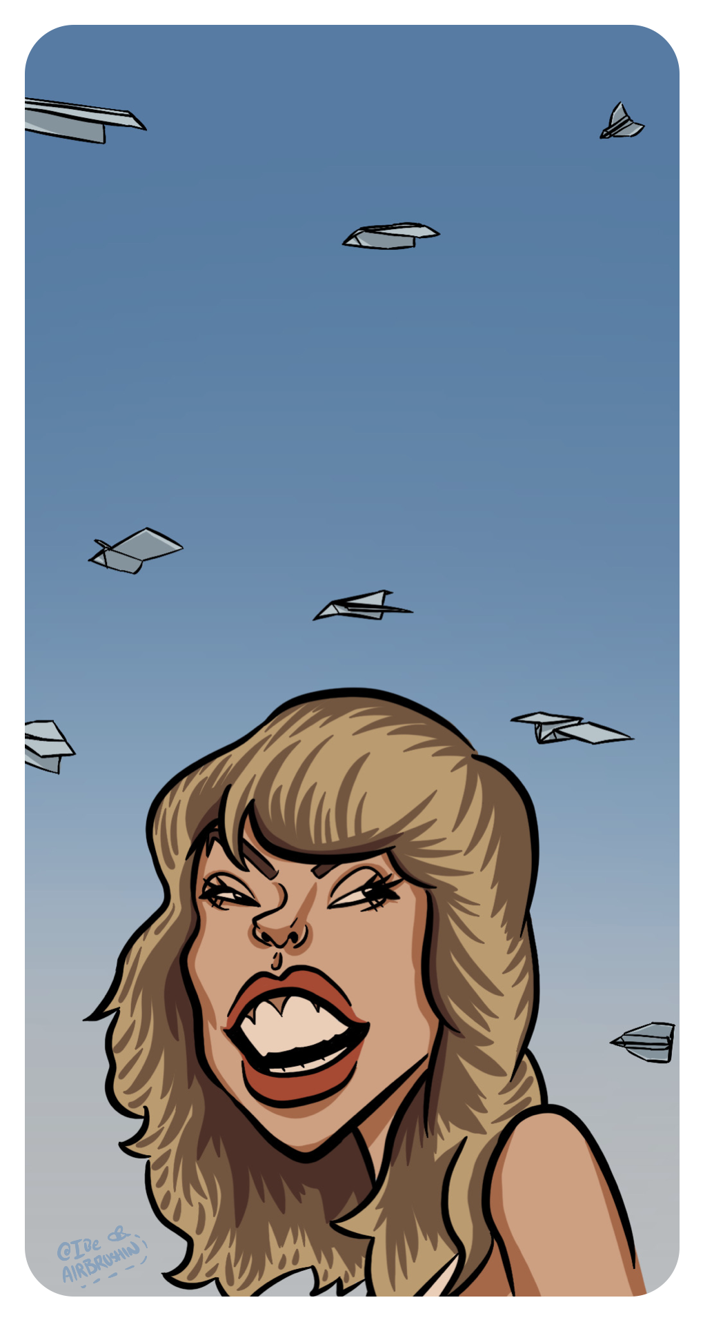 Cartoon illustration of a woman with long brown hair and make-up, smiling and laughing, with paper airplanes flying in the sky behind her.