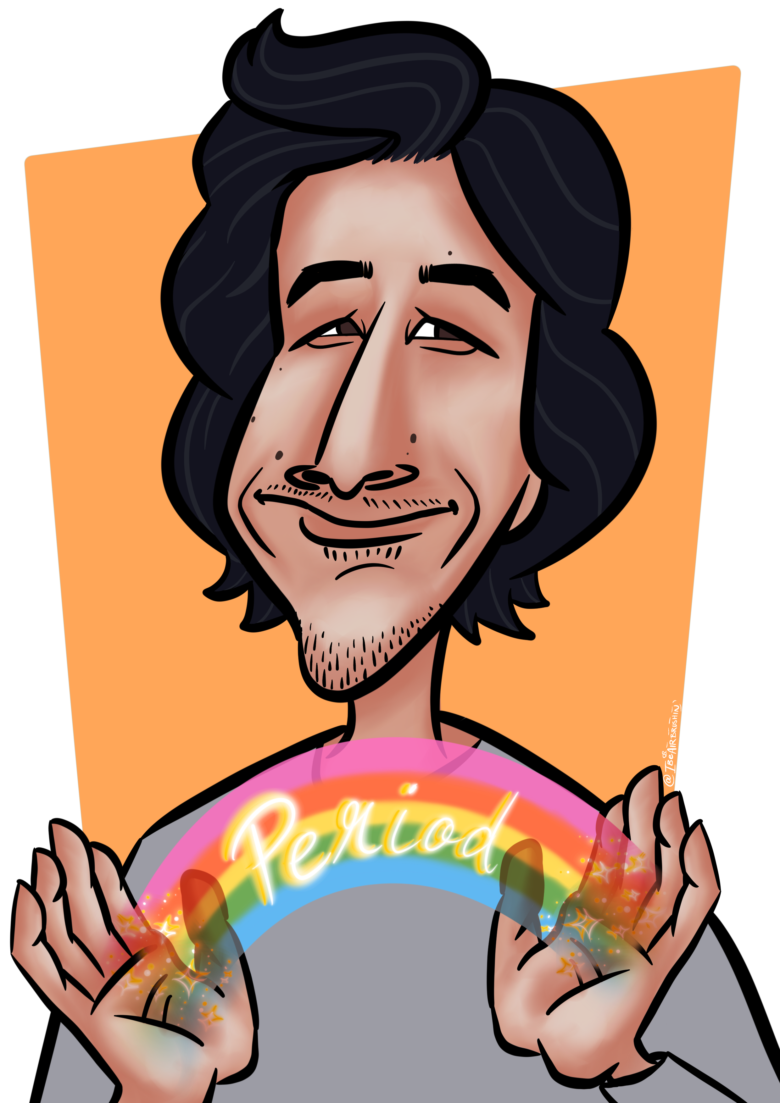 A cartoon-style portrait of a man with long black hair, facial hair, and a slight smile, holding a glowing rainbow-colored sign that says 'Perfect' with sparkling effects, against an orange background.