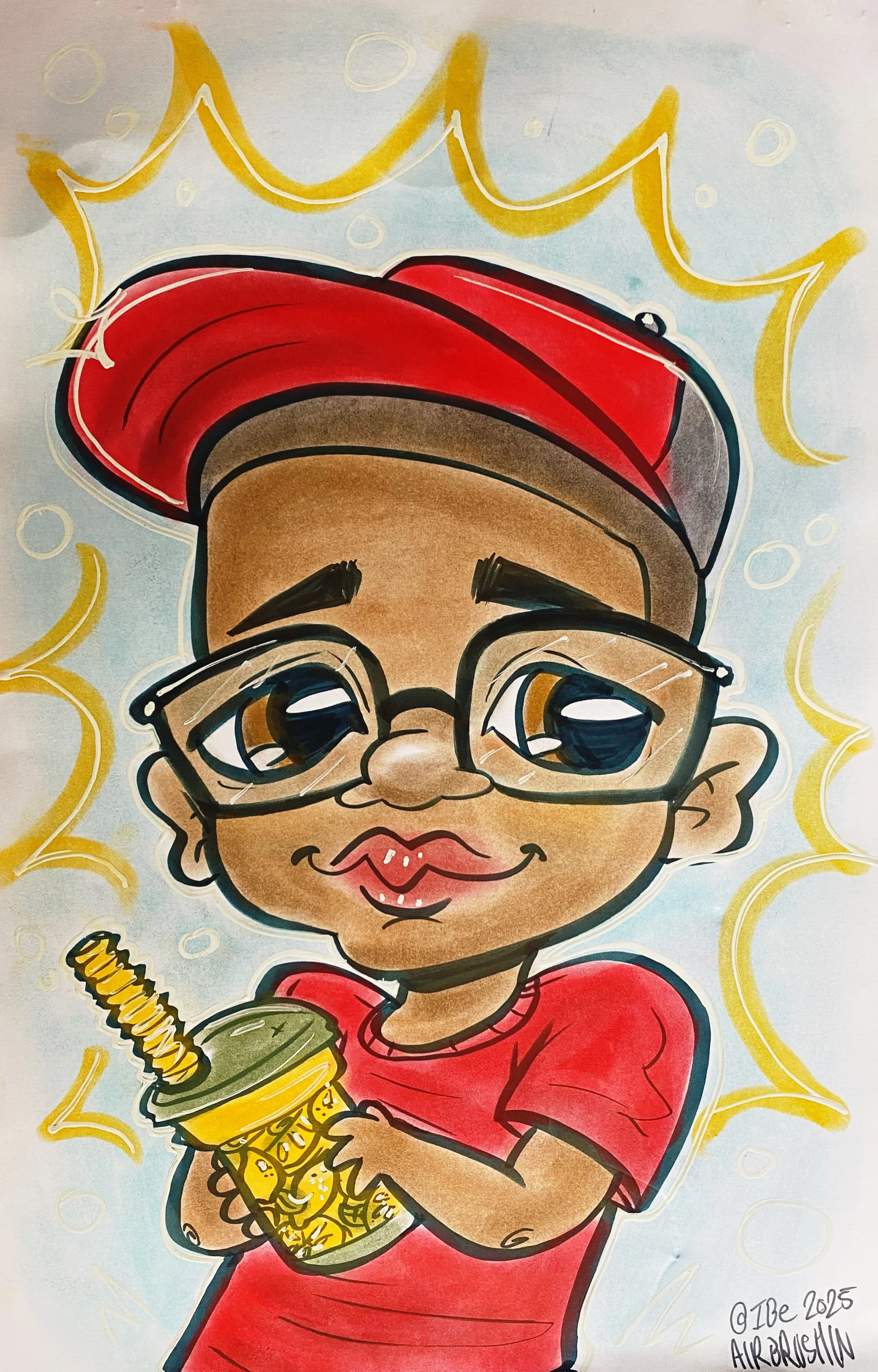 A cartoon drawing of a young boy wearing glasses, a red cap, and a red shirt, holding a cup of bubble tea with a straw. The background is decorated with yellow swirls and circles.