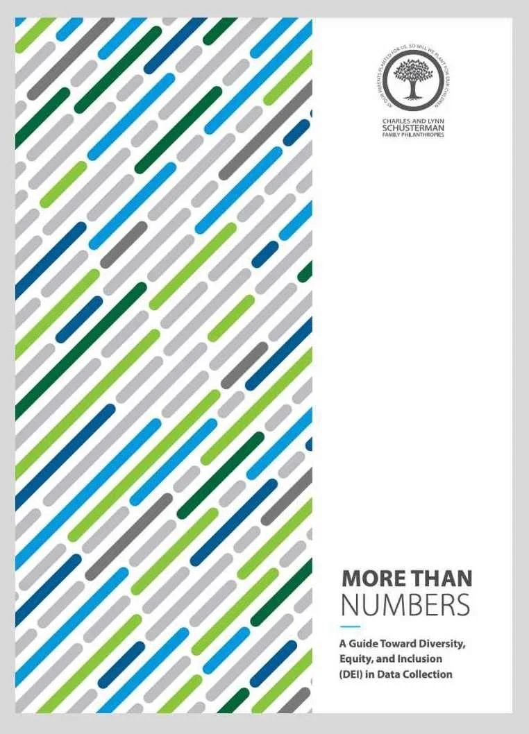Cover page of a report titled 'More Than Numbers' with a diagonal striped pattern in blue, green, gray, black, and light gray on the left side, and a white section on the right that includes a logo of a tree with the text 'Charles and Lynn Schusterman Family Philanthropies,' and the subtitle 'A Guide Toward Diversity, Equity, and Inclusion (DEI) in Data Collection.'