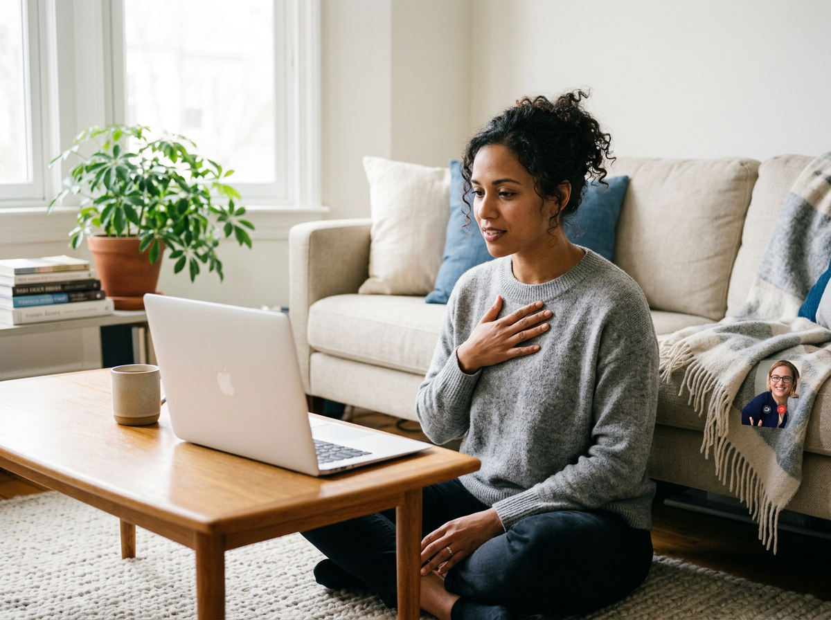 Woman participating in a virtual somatic mental health therapy session from home.