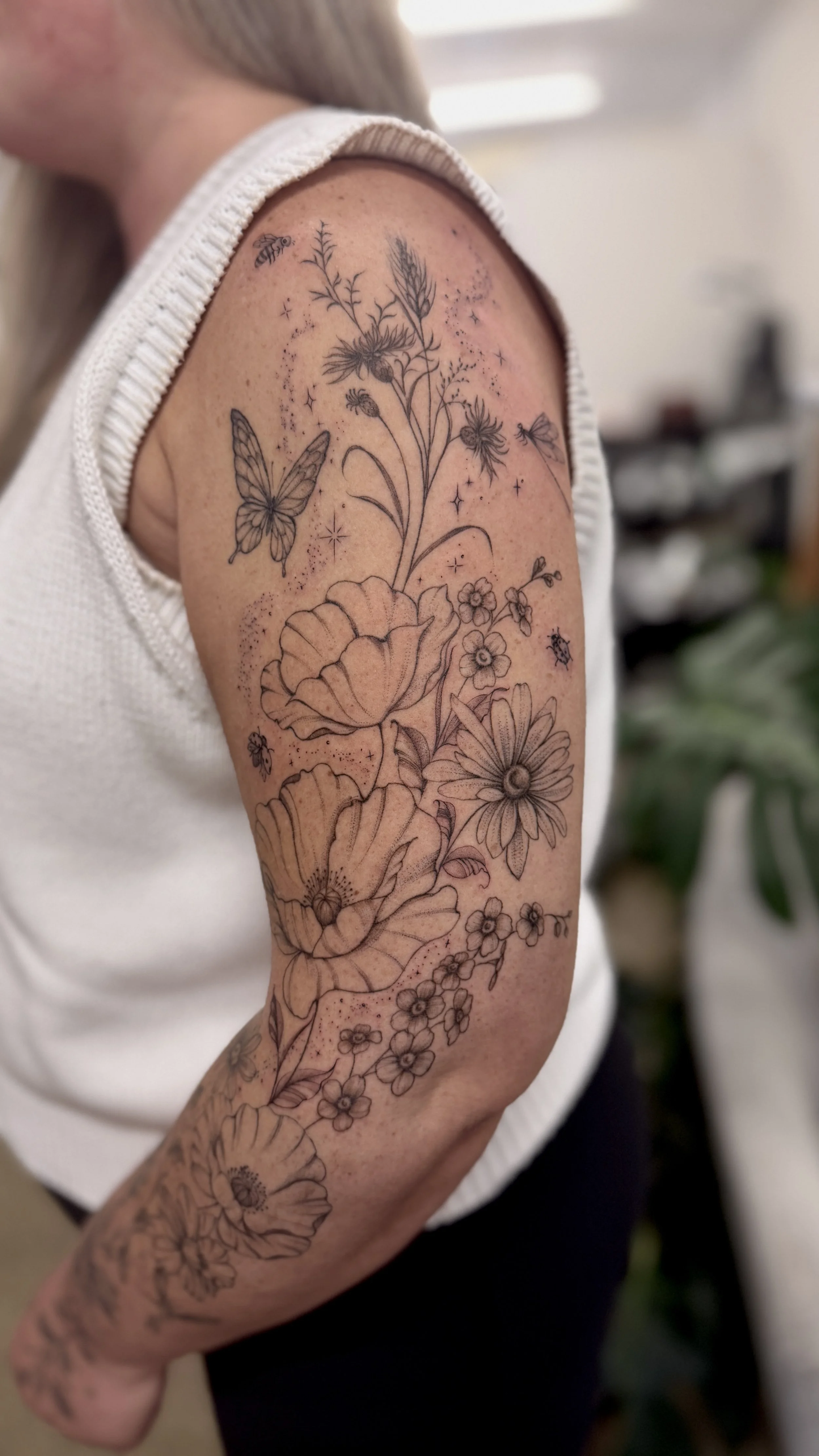 whimsical birth flower full sleeve tattoo.jpg