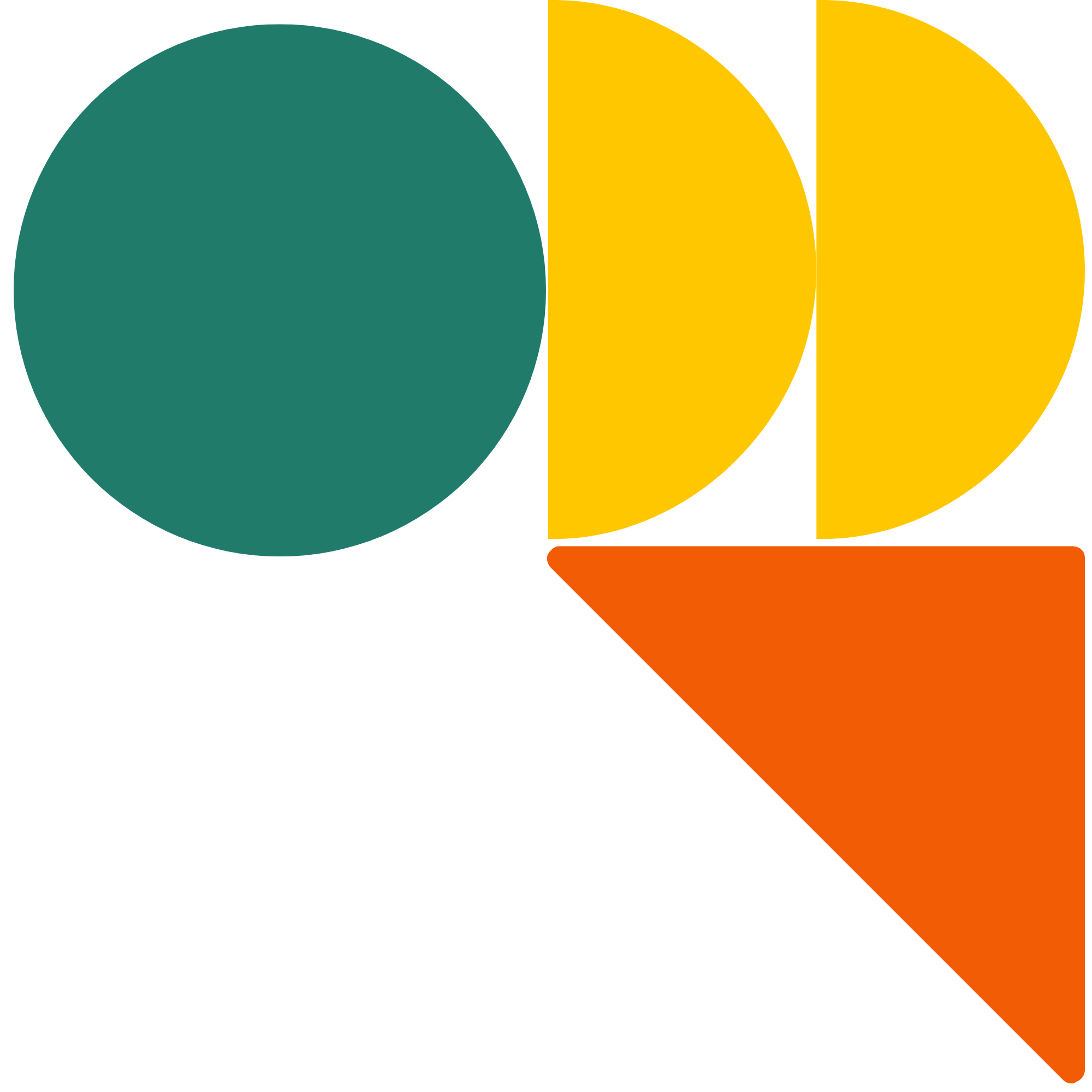 A colorful abstract geometric art piece with large circles and semi-circles in green, yellow, orange, and white colors.