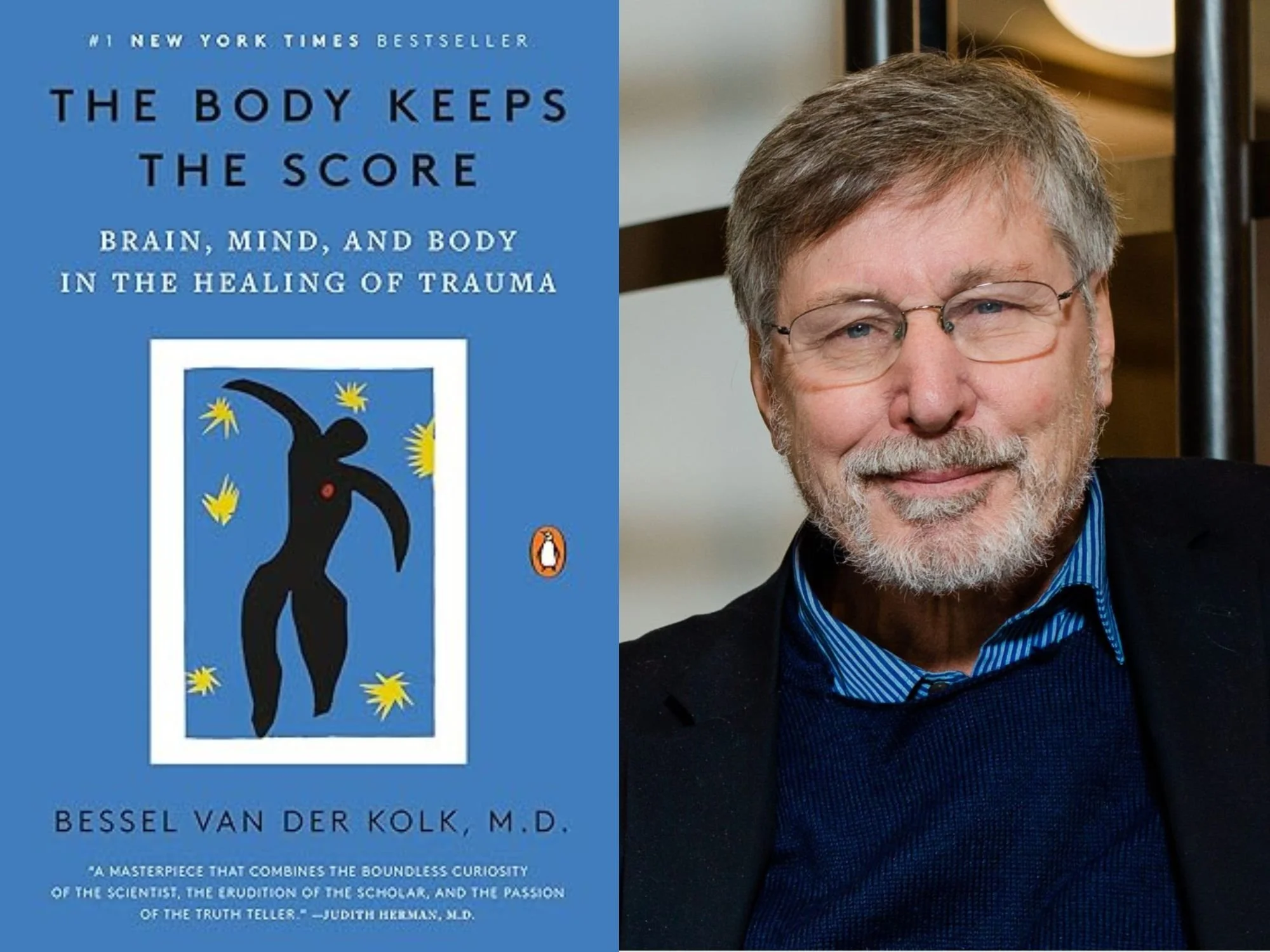 Cover of the book "The Body Keeps the Score" by Bessel Van Der Kolk, M.D., with the title and author's name displayed on a blue background, and part of a smiling man with glasses and gray hair visible to the right.