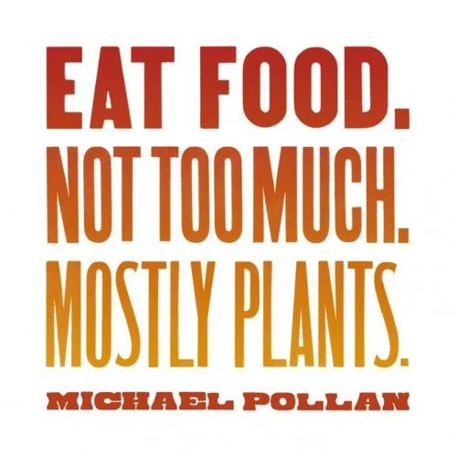 Quote by Michael Pollan: "Eat food. Not too much. Mostly plants." in bold red and brown text.