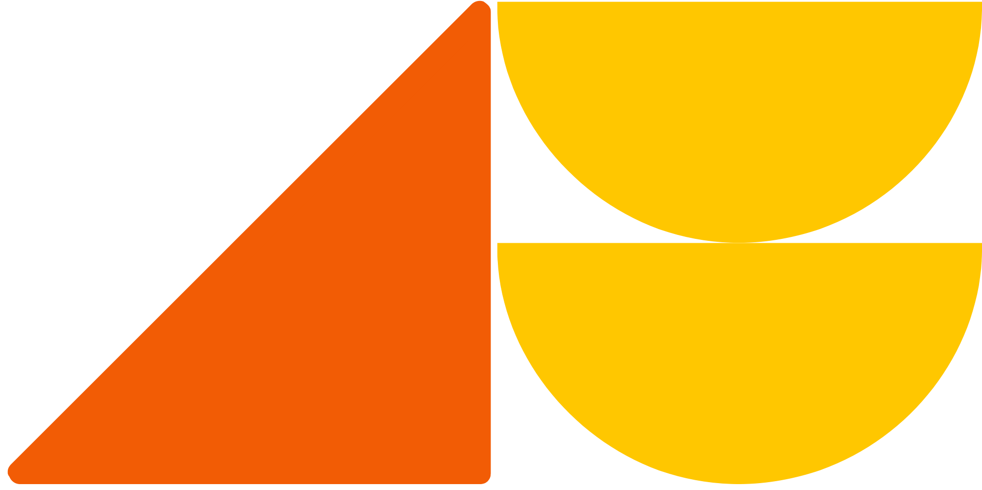 A geometric abstract design with black background, featuring a large orange right triangle on the bottom left, two large yellow semi-circles stacked vertically on the right, and a small black triangle in the center of the upper semi-circle.