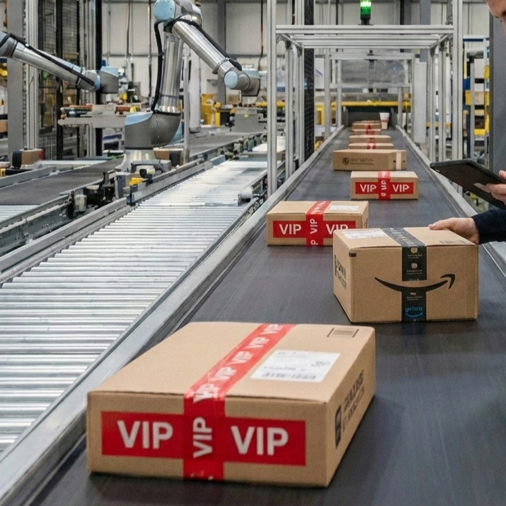 Amazon packages on a conveyor belt in a warehouse, some marked with red 'VIP' labels, being processed by robotic arms.