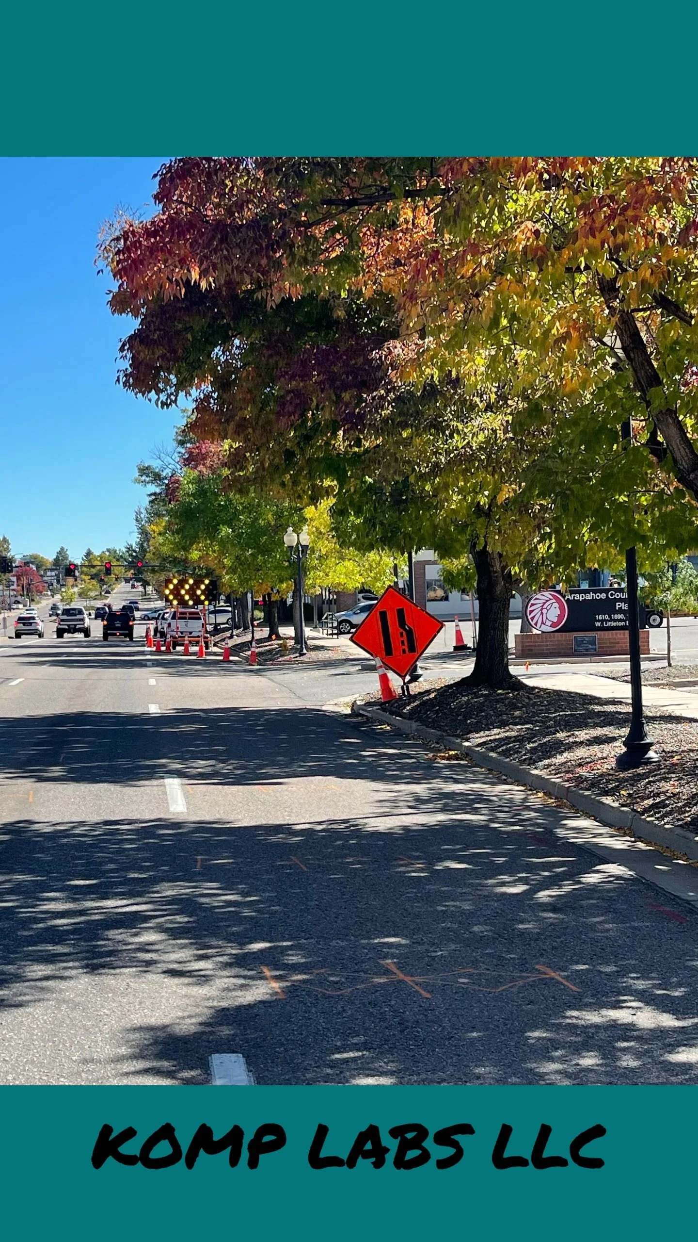 Street view with traffic cones, a sign indicating lane reduction, and a traffic light in the background, with fall foliage in trees.