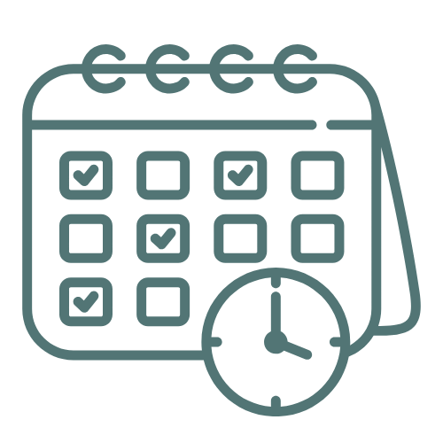 A calendar with checked dates and a clock, indicating scheduling or planning.