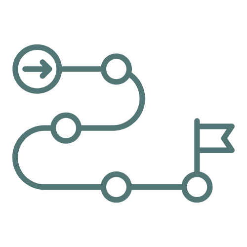 A simplified illustration of a workflow or process map with arrows and circles leading to a flag indicating the end point.