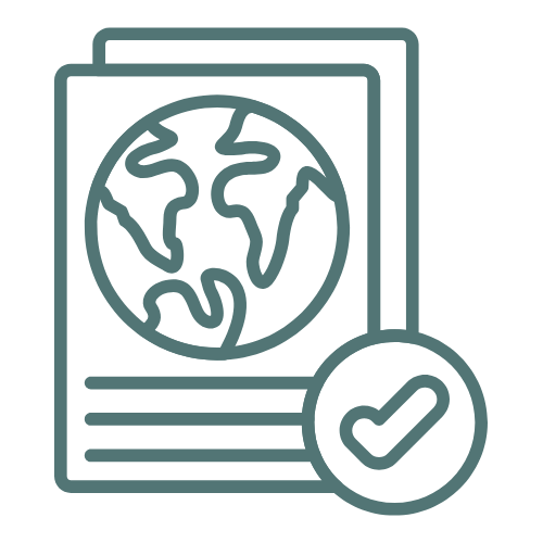 Document with a globe icon and a checkmark in a circle.