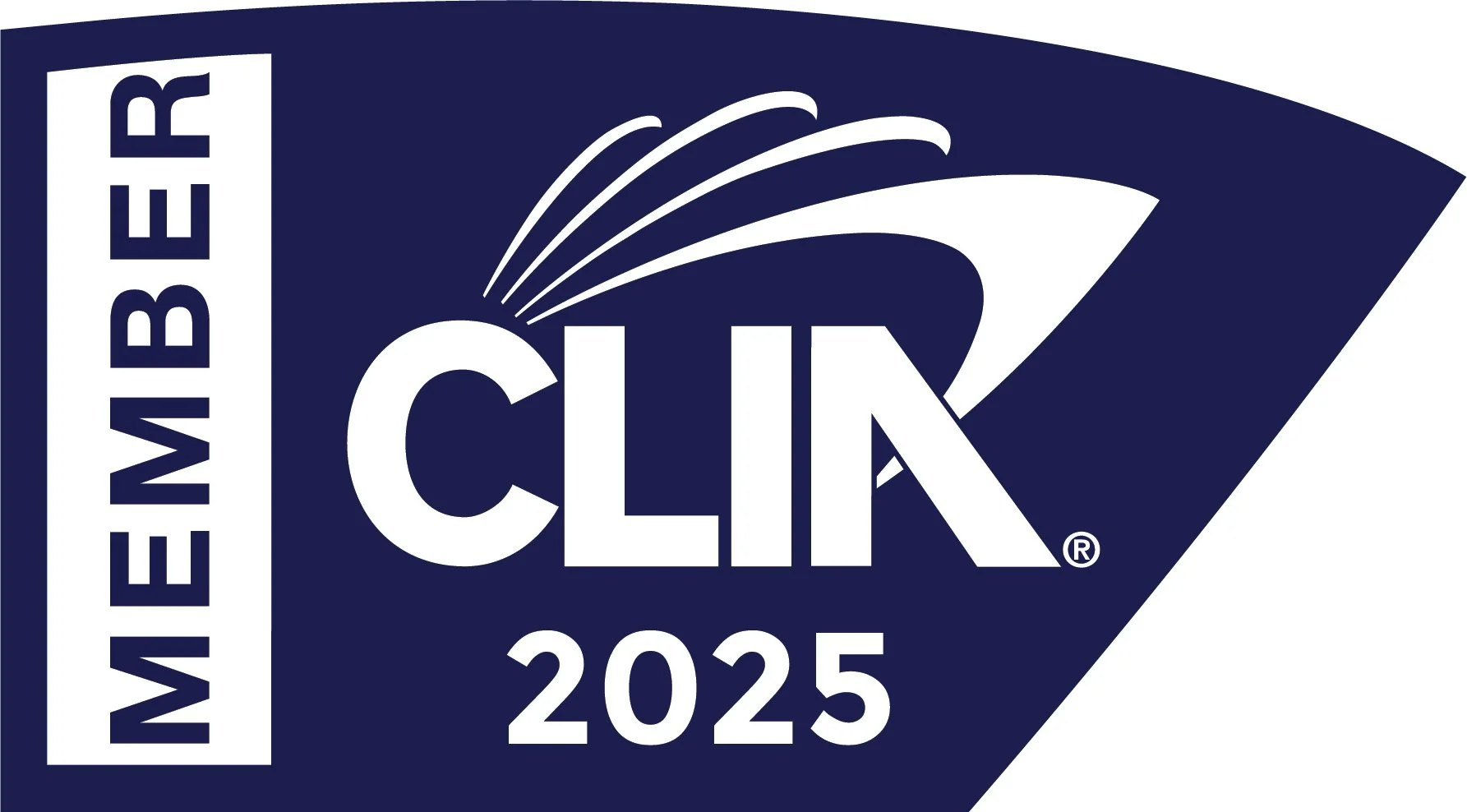 Logo of Cruise Lines International Association logo with the word 'Member' vertically on the left, '2025' beneath 'CLIA' in the center, a stylized cruise ship design above 'CLIA', all on a dark blue background.