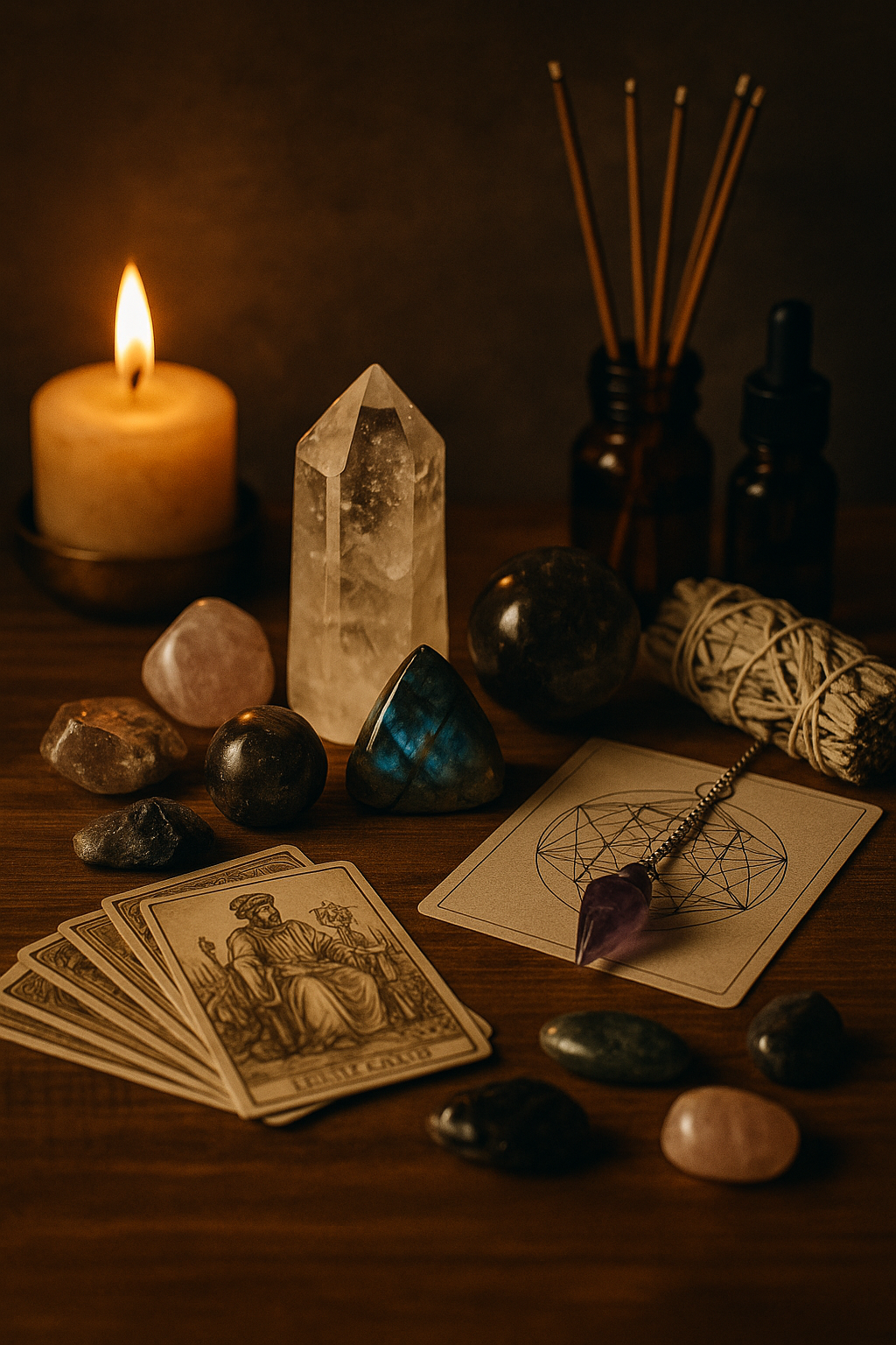 A lit candle, tarot cards, crystals, a small vial and reed diffuser, a bundle of sage, and a pendulum on a wooden surface, illuminated by soft candlelight in a spiritual or mystical setting.
