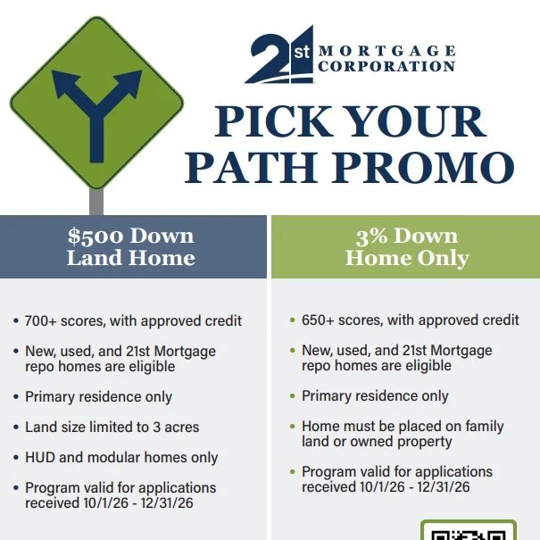 $500 Down Land &amp; Home / 3% Down Home Only (Limited Time Promotion) 