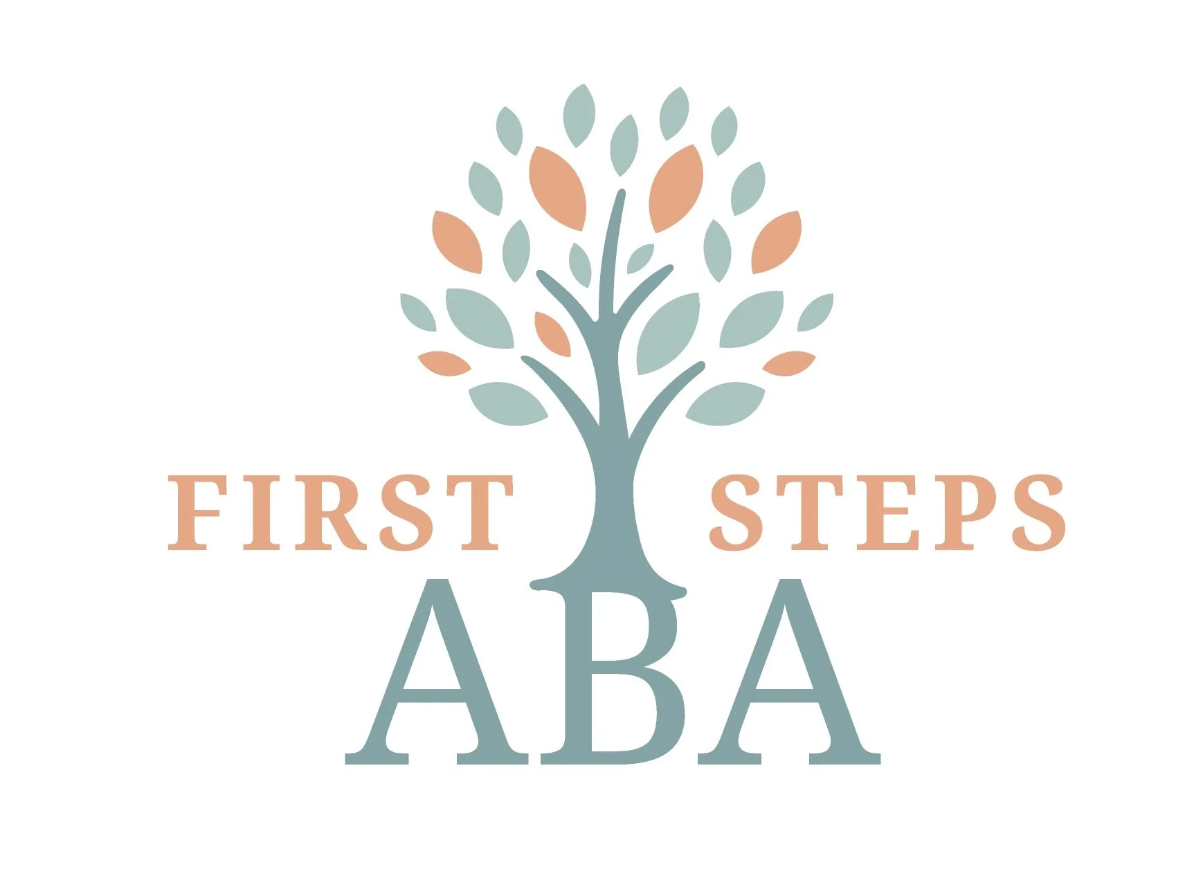A logo featuring a stylized tree with peach and teal leaves and the text 'First Steps ABA' underneath.