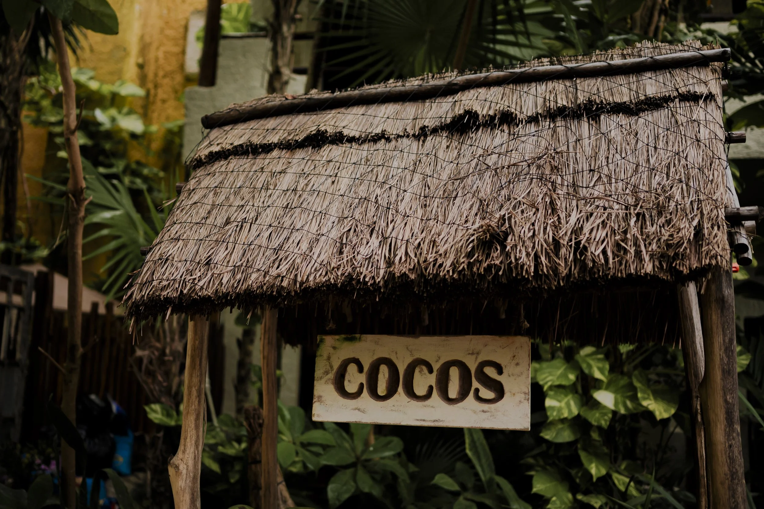 A thatched roof hut with a sign that reads 'COCOS' hanging in front, surrounded by green foliage.