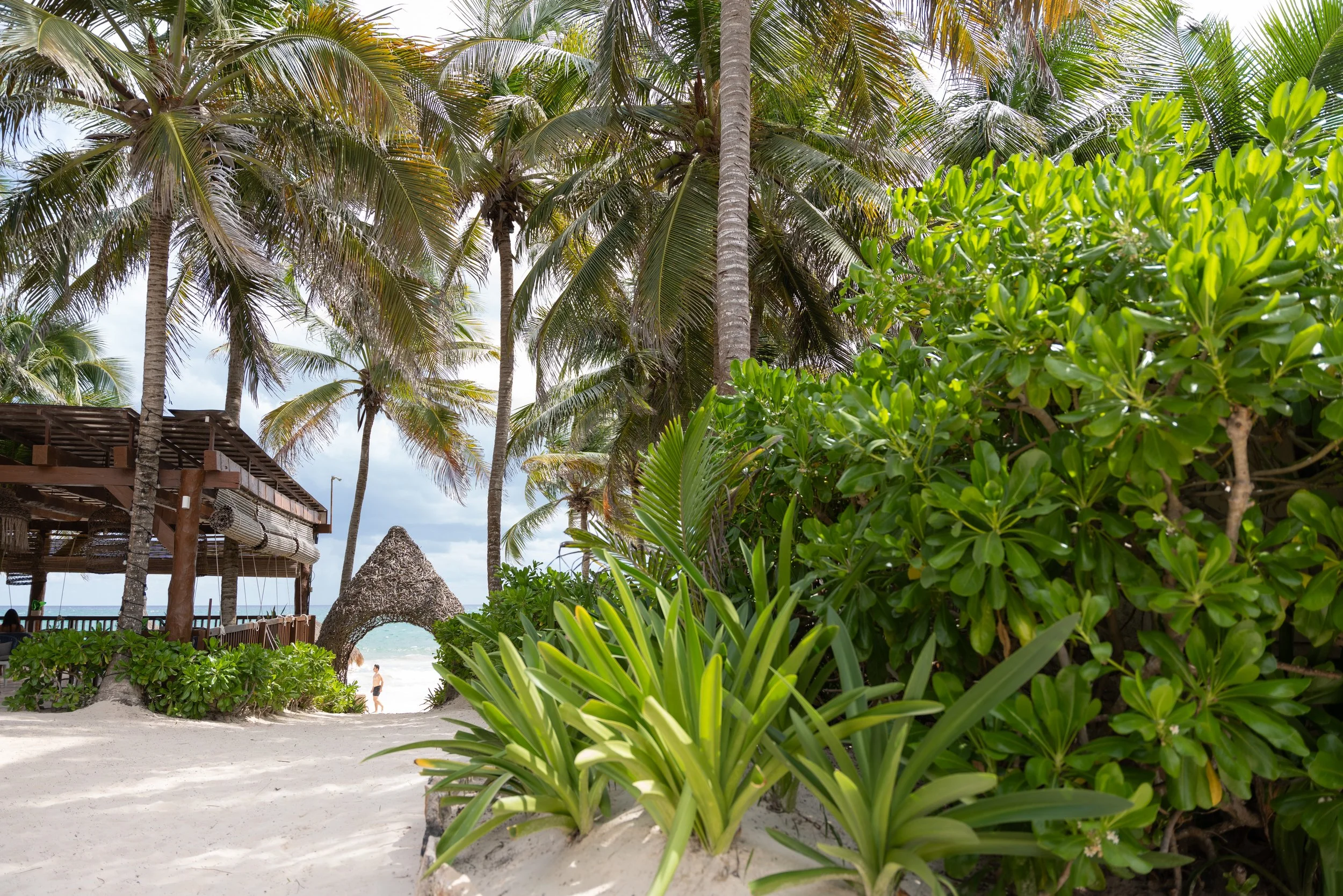 Tropical beach scene with palm trees, a thatched hut, sandy shore, and a person walking by the ocean
