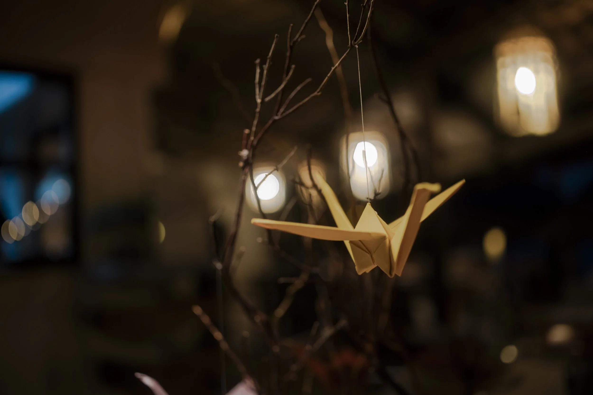 Origami crane hanging from a branch in a dimly lit environment.