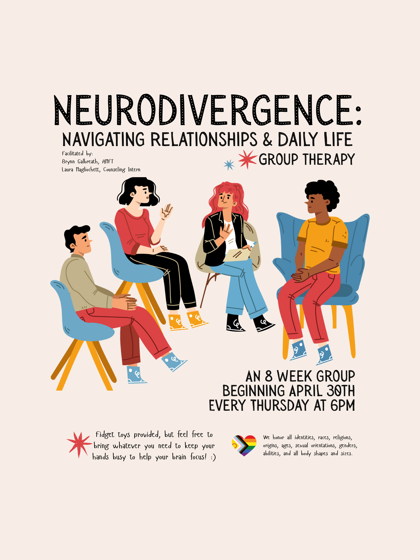 Flyer for a neurodivergence group therapy event showing four diverse people sitting and talking in chairs, with details about the event, date, and times at the bottom.