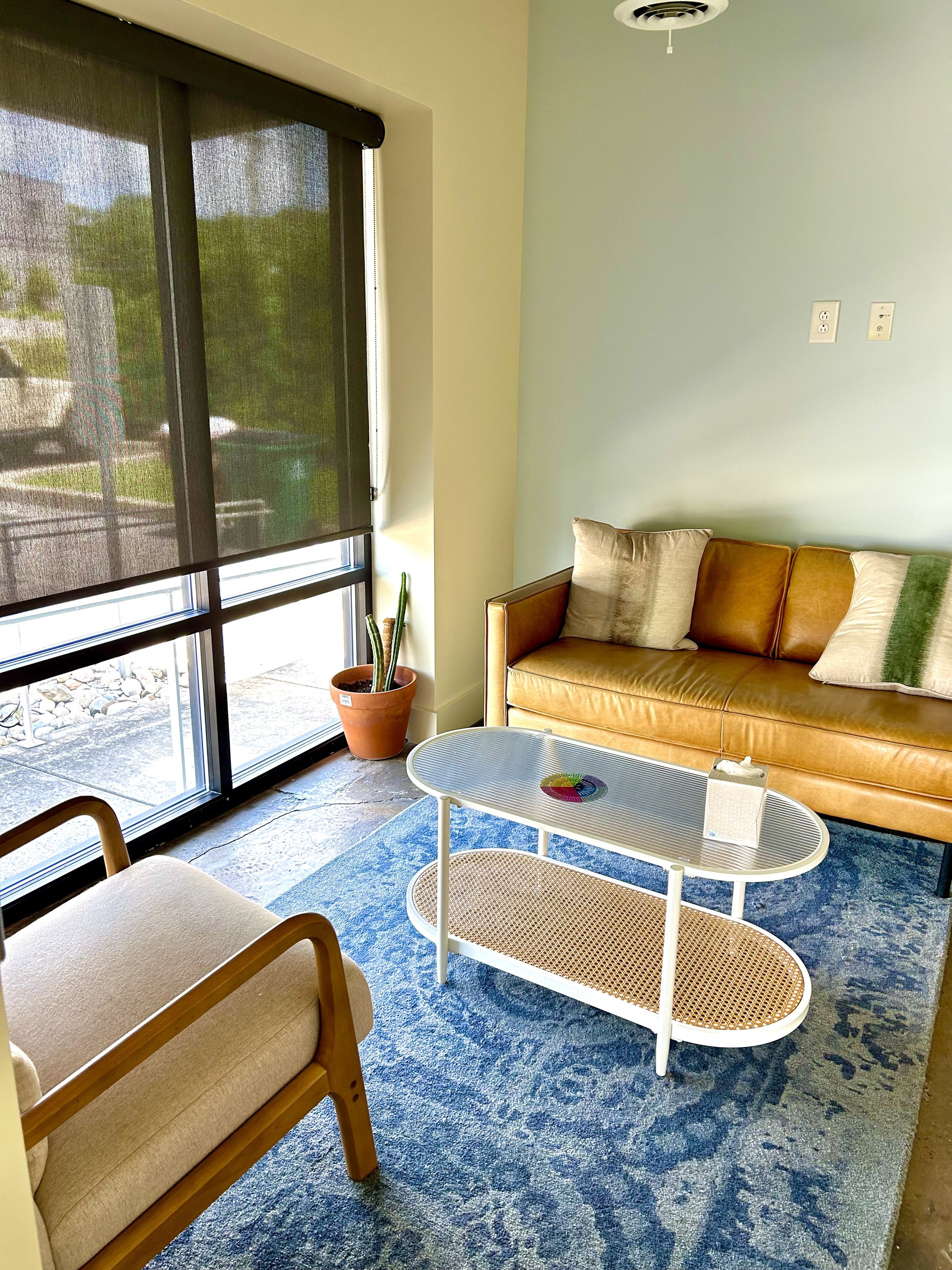 Living room with a large window, a brown leather sofa with cushions, a white side table, a beige armchair, a blue patterned rug, and a potted cactus near the window.