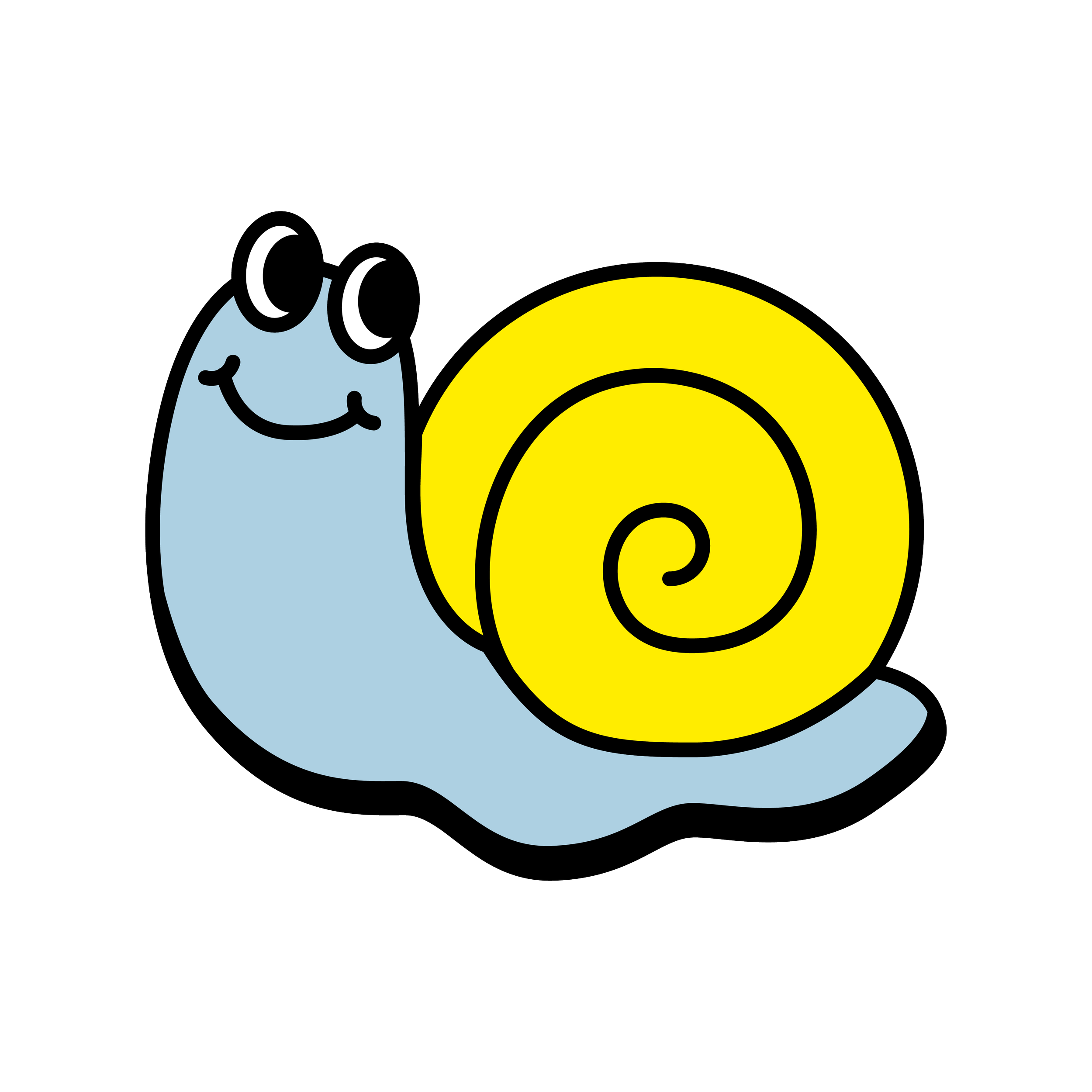 Caracol caricaturesco con caparazón amarillo y cuerpo azul, con ojos grandes y expresión feliz.
