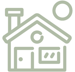 A simple line drawing icon of a house with a chimney, a window, and a door, with a sun in the sky.