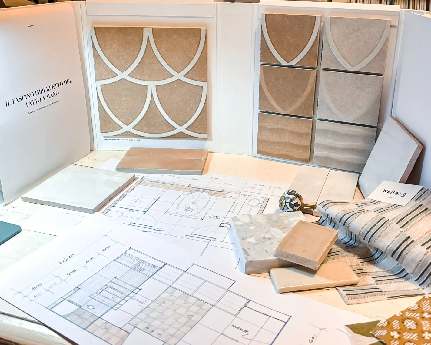 wall and tile pairing moodboard with house plans