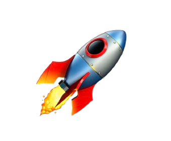 Cartoon rocket ship with red fins and exhaust flames, flying through space.