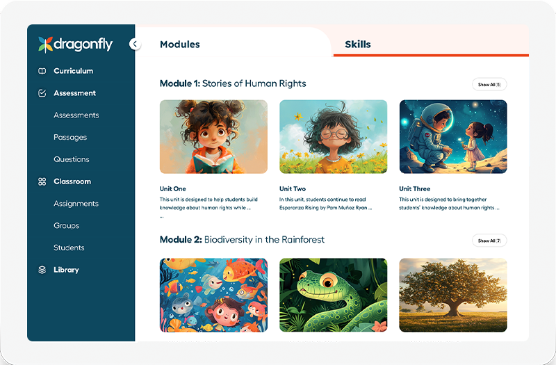 Screenshot of an online educational platform called Dragonfly, showing modules on human rights and biodiversity in the rainforest, with colorful illustrations for each module.