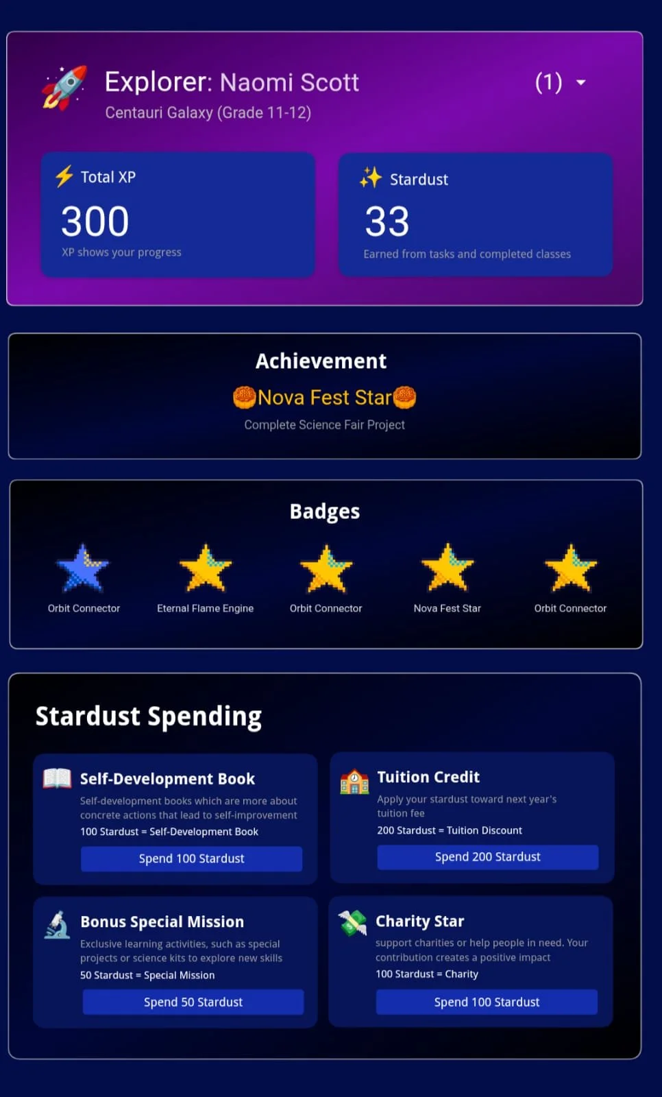 Video game interface screen showing a space explorer Centauri Galaxy level, with progress stats of 300 XP, 33 Stardust, and various badges and achievements, including a Nova Fest Star for completing a science project, and options for Stardust spending such as self-development books, tuition credits, special missions, and charity support.