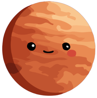 Cartoon depiction of a planet with a smiling face and rosy cheeks.