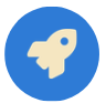 Blue circular icon with a white rocket ship symbol in the center.