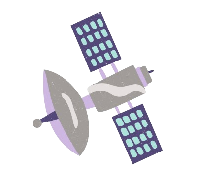 Illustration of a satellite with solar panels and a dish antenna against a black background.